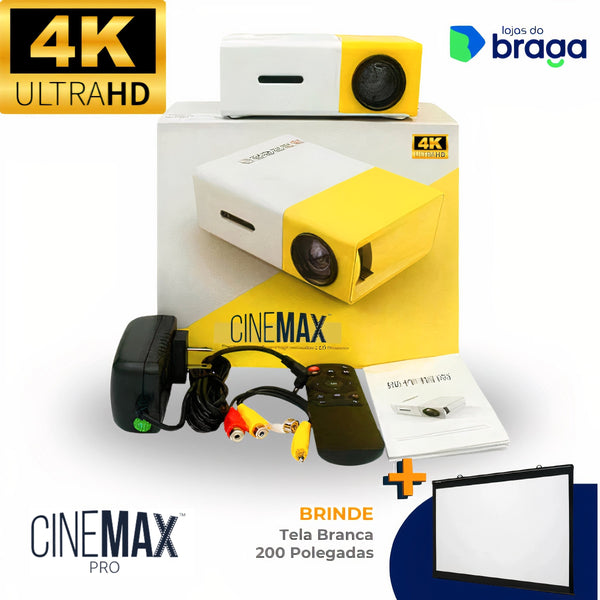 CineMax PRO™ - Mini Projetor Portátil 4K HD + Tela 200 Polegadas (Brinde)